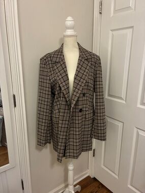 JustFab Taupe and Black Plaid Double-Breasted Blazer